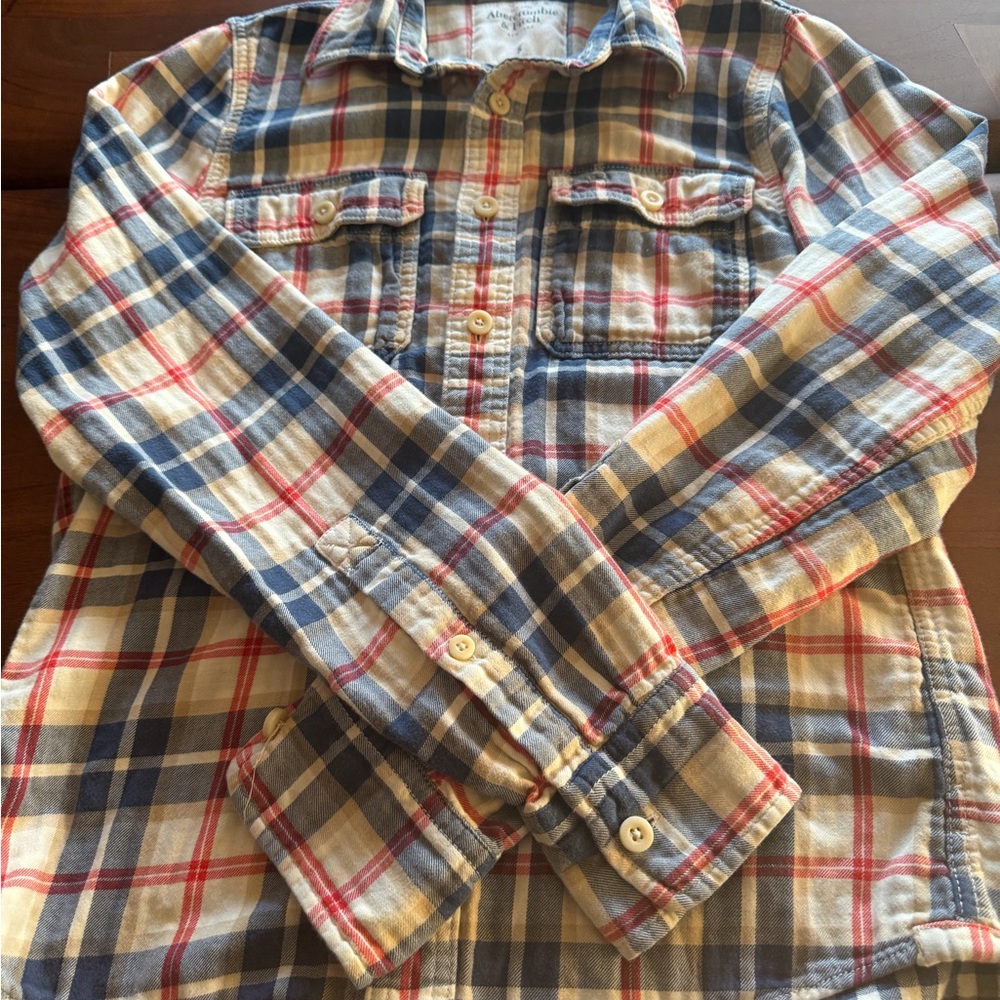 Abercrombie & Fitch Navy and Red Plaid, Flannel Shirt - Size Small